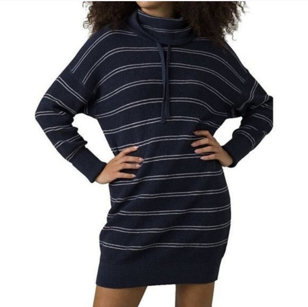 NWT PRANA Milani Navy Blue Nautical Stripe Cowl Neck Sweater Mini Dress S